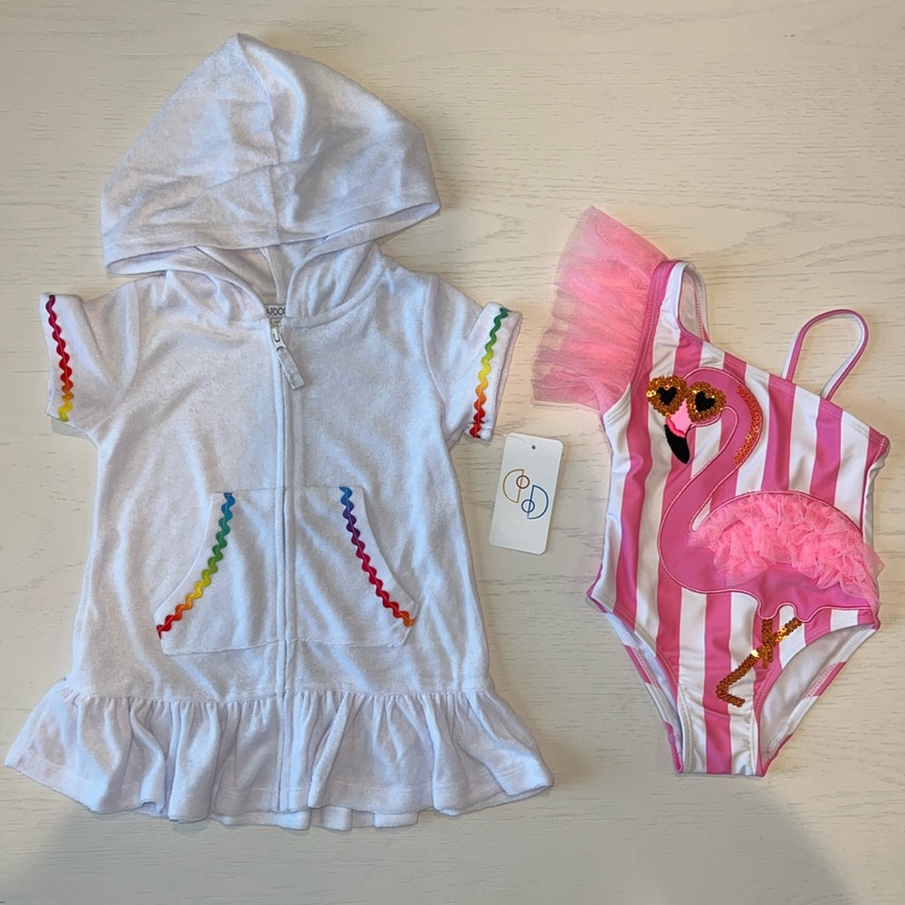 Flapdoodles Toddler Girl 2 Piece Swim Set Coverup One Piece Flamingo  2T 3T 4